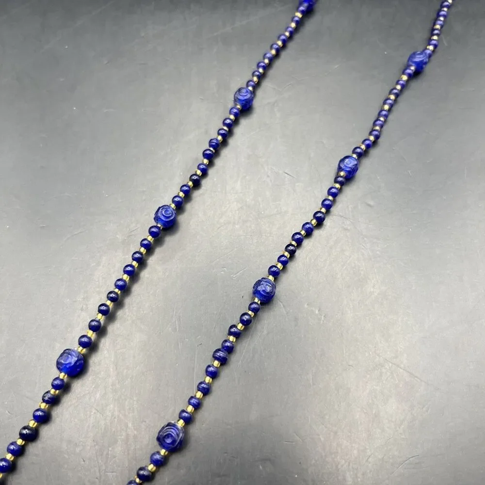 Vintage Extra Long Glass Bead Necklace Small Beads Dark Blue Gold Tone 48 Inch